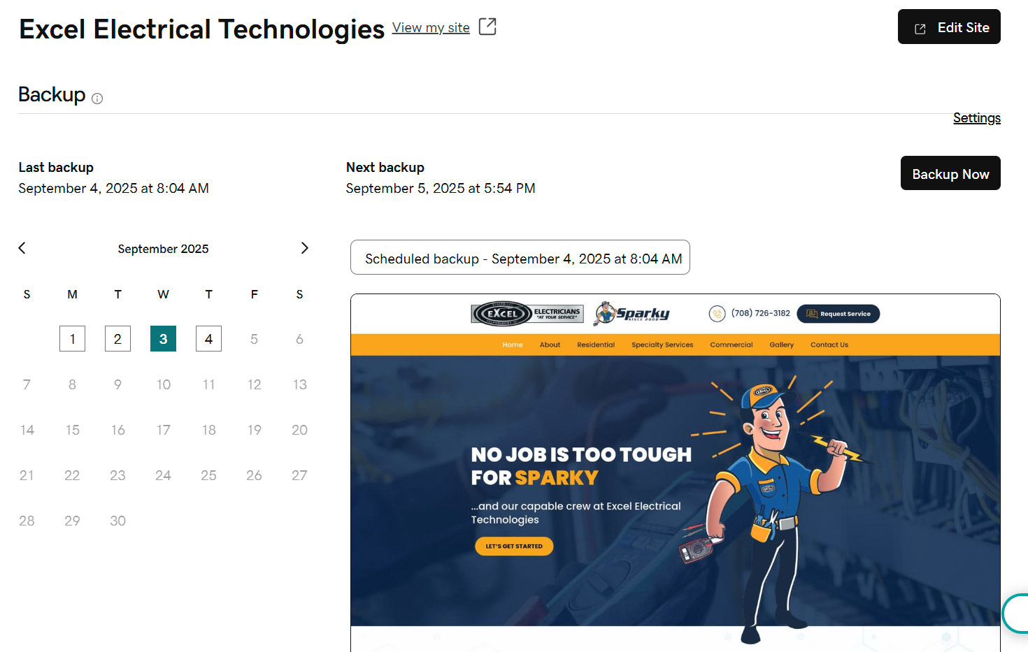 Website Maintenance 6 GoDaddy hosting panel showing active scheduled WordPress backups for Excel Electrical Technologies