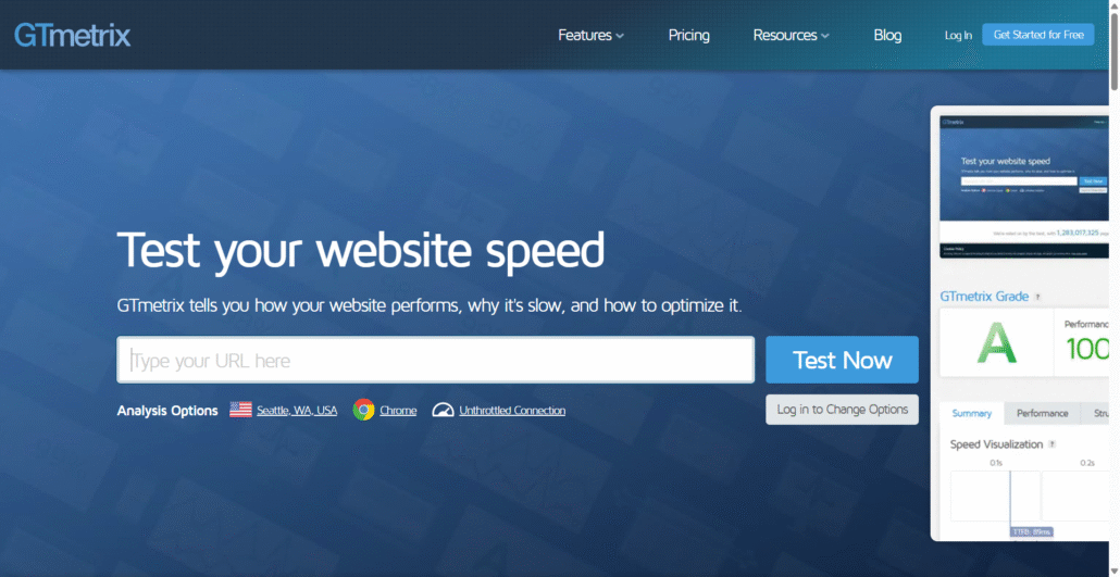 Screenshot of the GTmetrix homepage showing the website speed test input field and performance grade preview.
