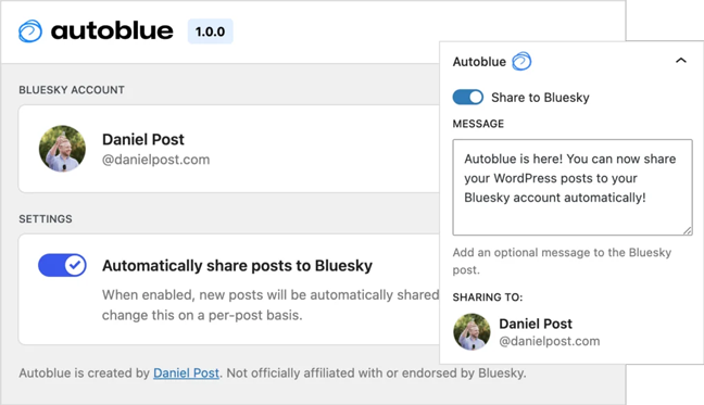 screenshot of Autoblue WordPress plugin, sourced from autoblue.cc