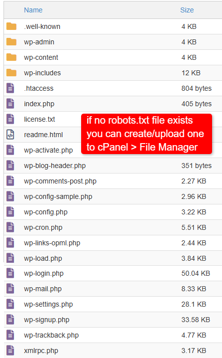 screenshot of file manager without robots.txt file