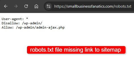 screenshot of robots.txt file missing link to sitemap