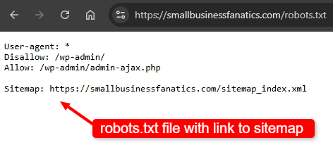 screenshot of robots.txt file with link to sitemap