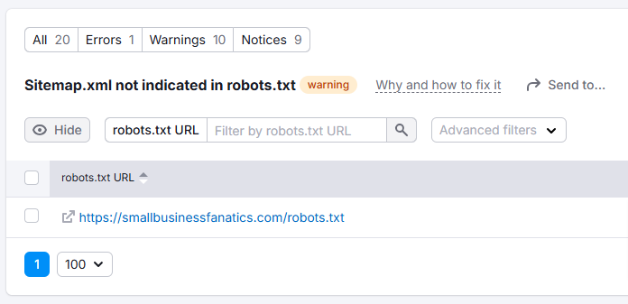 screenshot of Semrush site audit issue sitemap.xml not indicated in robots file