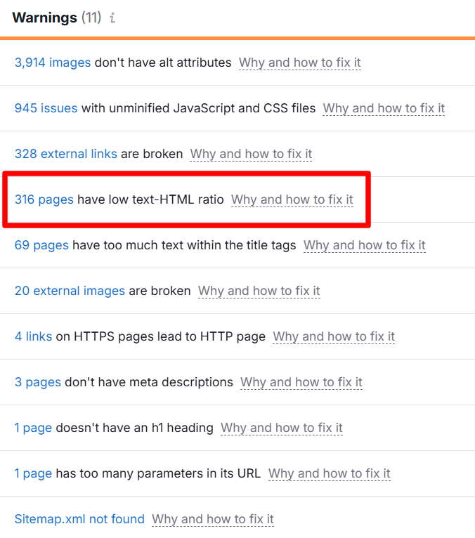 Screenshot of Semrush site audit showing 316 pages with a low text-HTML ratio warning