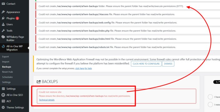 WordPress backup folder permission error shown in All-in-One WP Migration