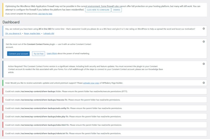 WordPress dashboard with multiple plugin notices and configuration warnings