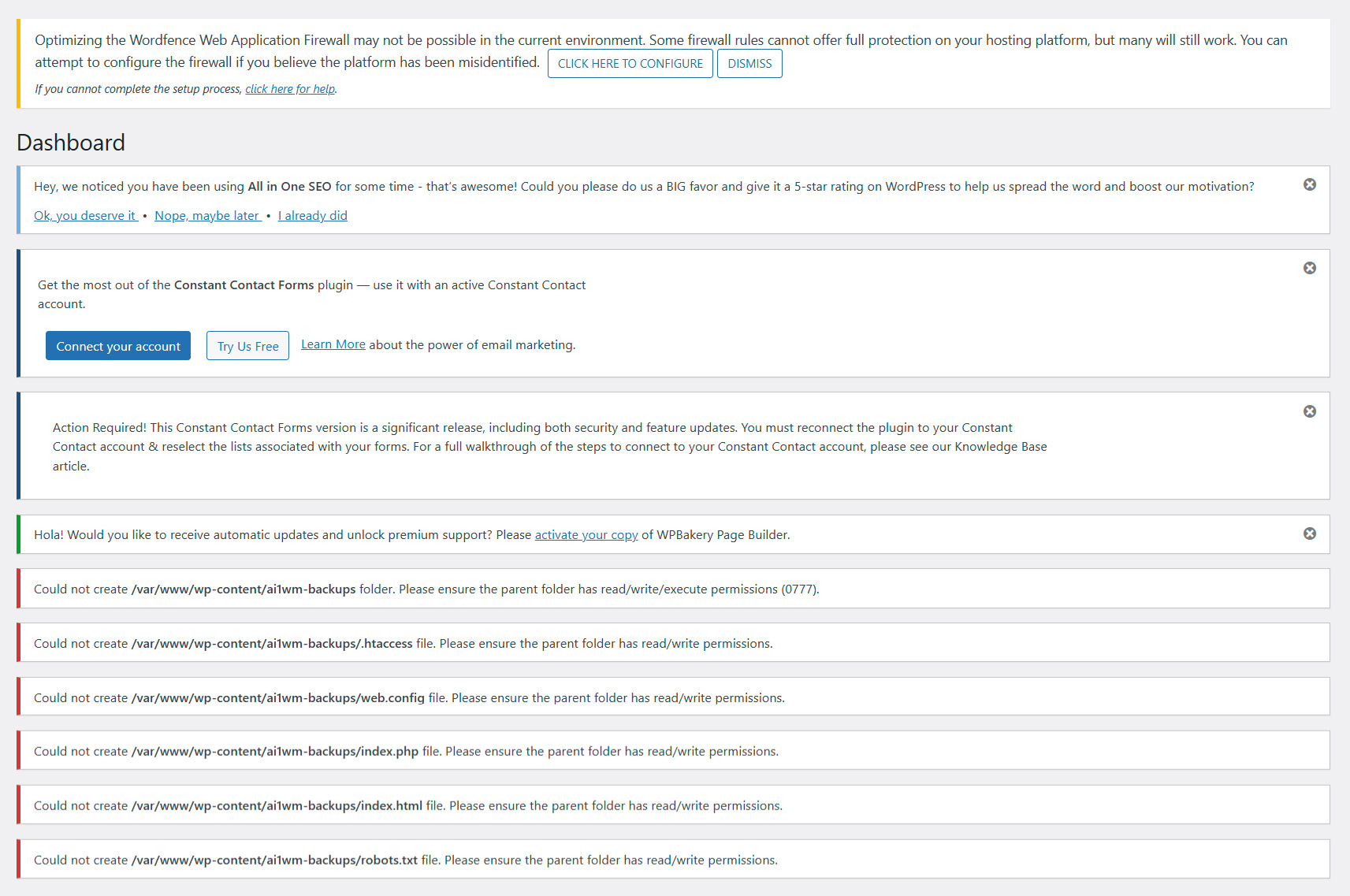 Website Maintenance 8 WordPress dashboard with multiple plugin notices and configuration warnings
