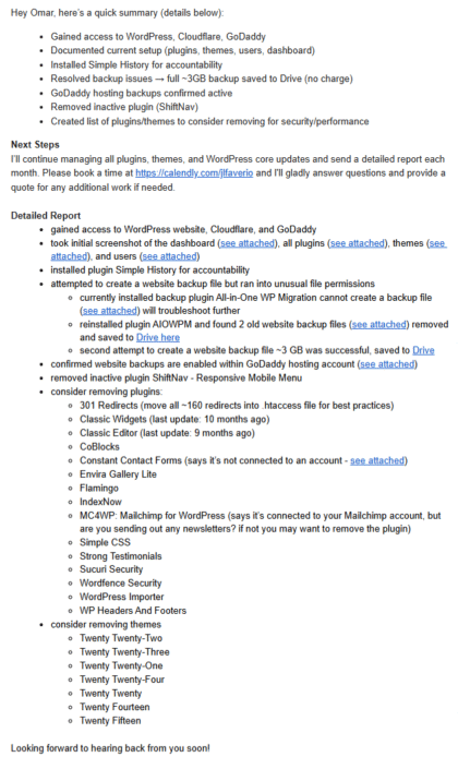 Initial WordPress maintenance summary email and detailed report sent to client Excel Electrical Technologies
