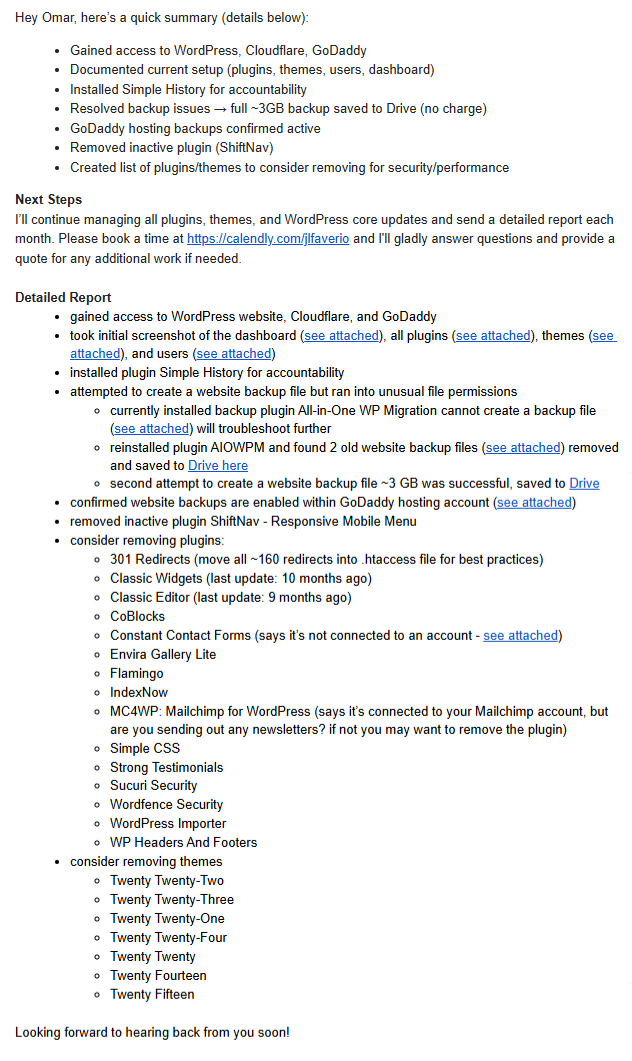 Website Maintenance 5 Initial WordPress maintenance summary email and detailed report sent to client Excel Electrical Technologies