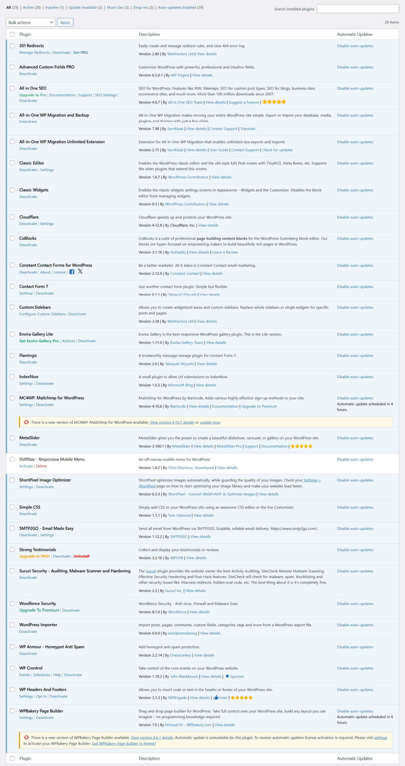 Website Maintenance 2 Screenshot of all installed WordPress plugins before maintenance cleanup
