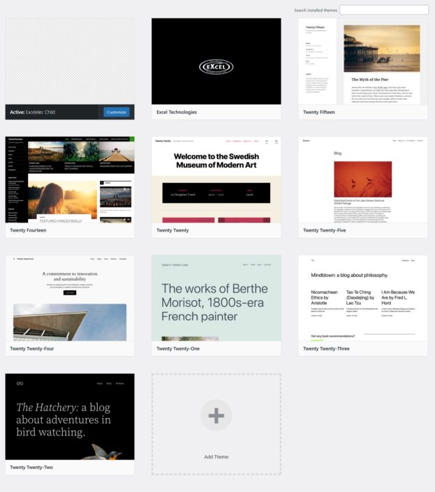 Screenshot of all WordPress themes before removal of unused themes