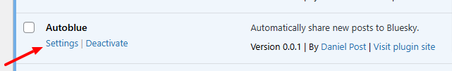 Autoblue settings on plugins page