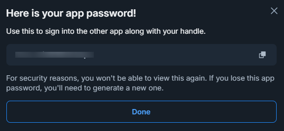 Bluesky app password blurred out