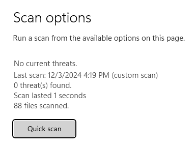 screenshot of windows defender scan options showing no threats found