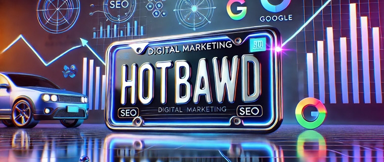 A digital marketing dashboard with the keyword HOTBAWD highlighted in a search bar, surrounded by futuristic graphs and vibrant neon colors.