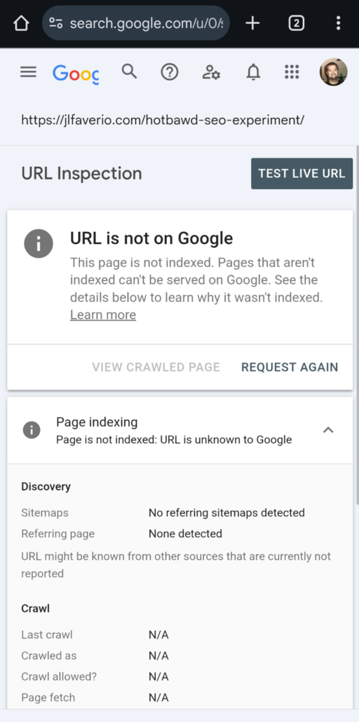 screenshot of Google Search Console showing URL is not indexed