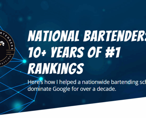Featured image for National Bartenders case study showing logo and headline about 10+ years of #1 Google rankings