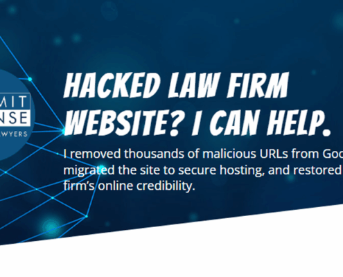 Featured image for Summit Defense case study showing the Summit Defense logo and headline "Hacked Law Firm Website? I Can Help." with a tagline about removing malicious URLs, migrating hosting, and restoring credibility.