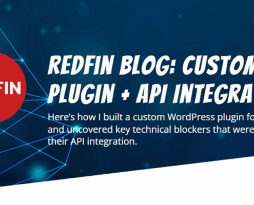 Featured image for Redfin Blog case study showing the Redfin logo and the title "Redfin Blog: Custom Plugin + API Integration" on a tech-themed blue background