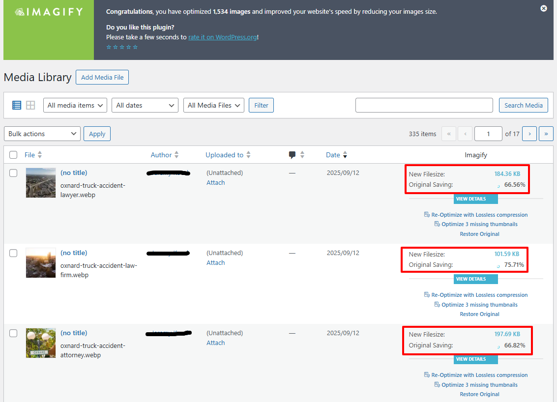 Imagify plugin screenshot showing WordPress image optimization with 66–75% file size savings