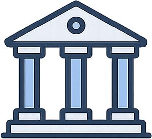 Flat icon of a courthouse representing Organization schema markup for law firms in SEO.