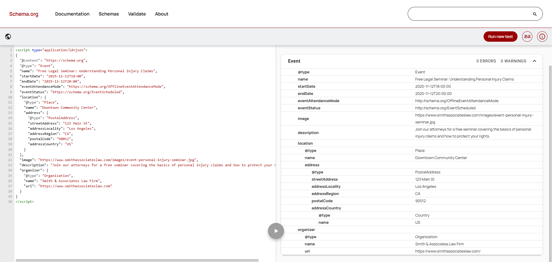 Example of Event schema markup for a law firm validated with no errors