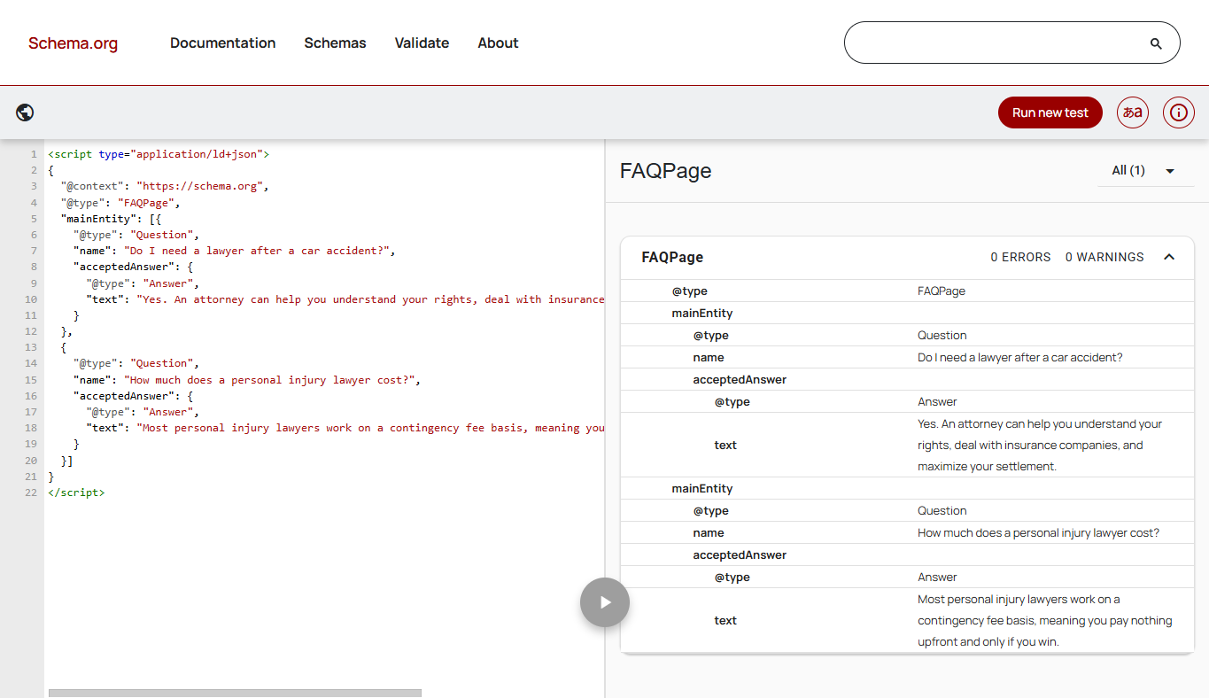 Example of FAQPage schema markup for a law firm validated with no errors