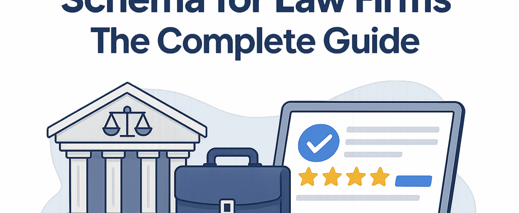 Schema Markup for Law Firms: Examples, Best Practices & SEO Guide 1 Illustration of a courthouse, briefcase, and laptop with review stars representing schema for law firms