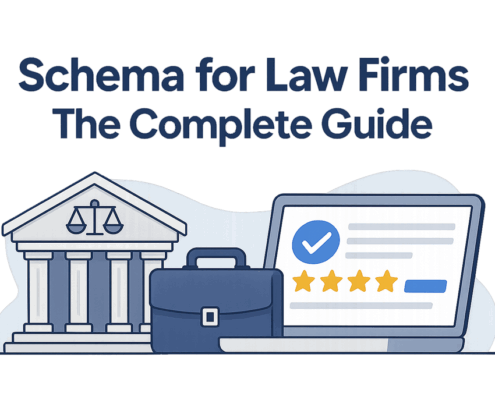 Illustration of a courthouse, briefcase, and laptop with review stars representing schema for law firms