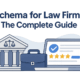 Illustration of a courthouse, briefcase, and laptop with review stars representing schema for law firms