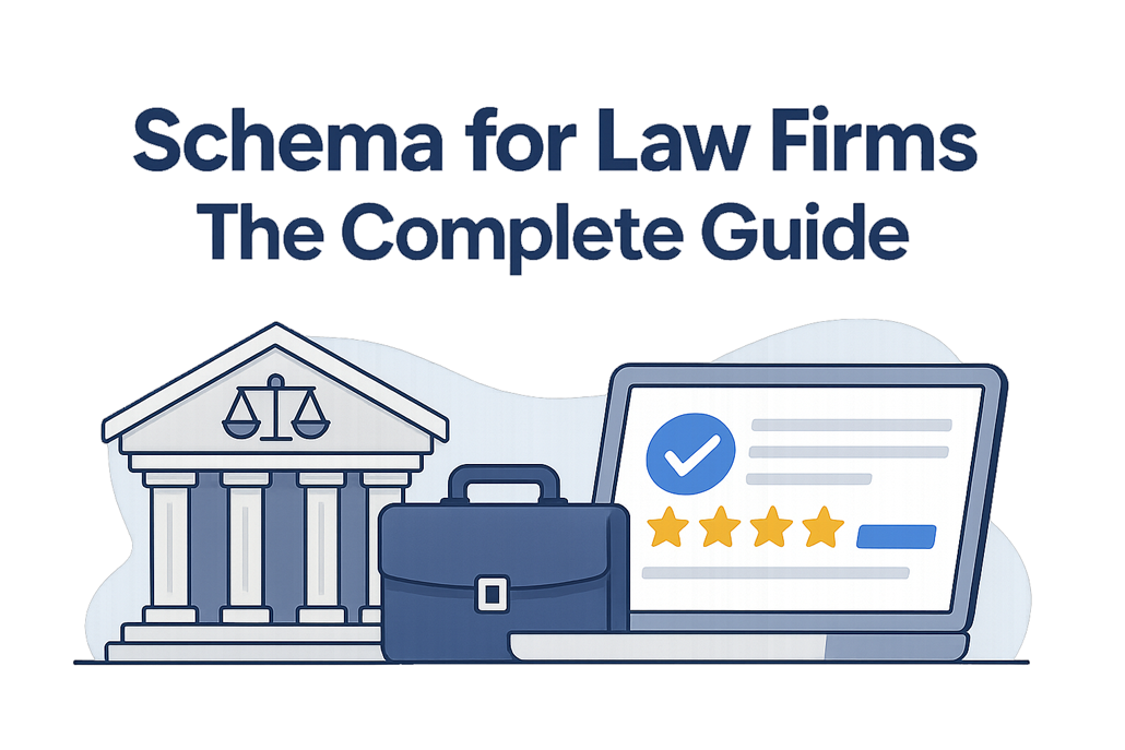 Illustration of a courthouse, briefcase, and laptop with review stars representing schema for law firms