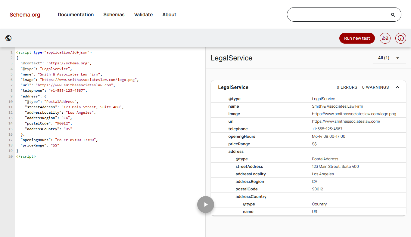 Example of LegalService schema markup for a law firm validated with no errors