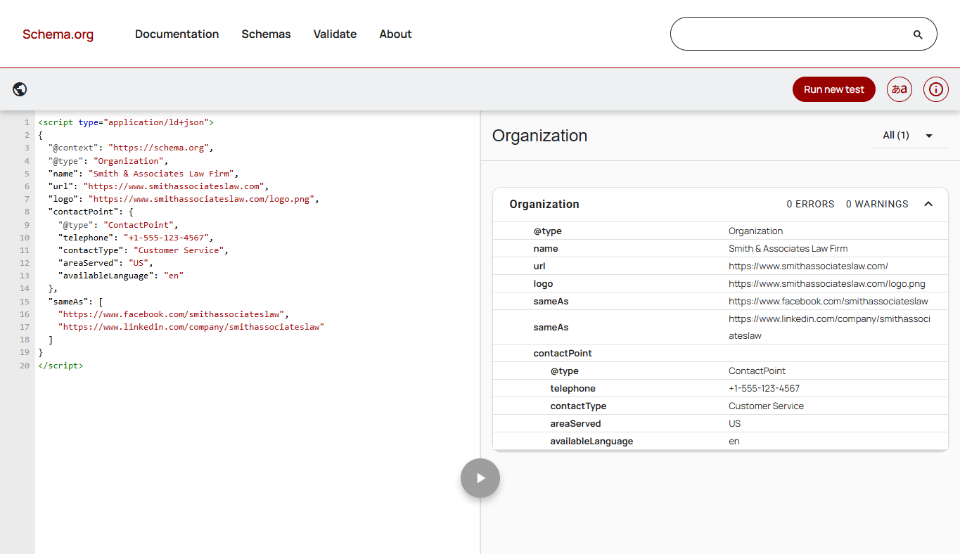 Example of Organization schema markup for a law firm validated with no errors