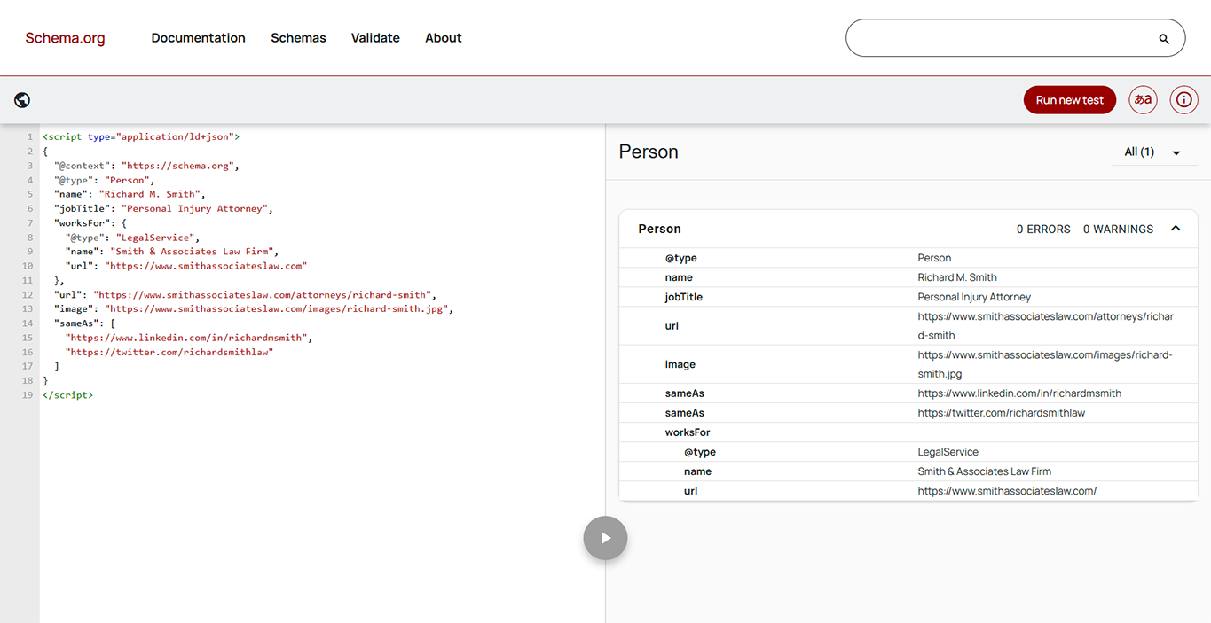 Example of Person schema markup for a law firm attorney validated with no errors