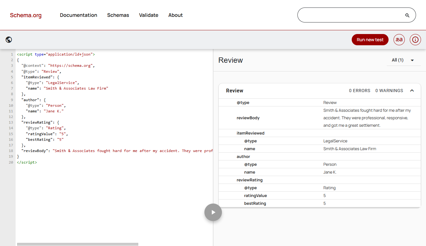 Example of Review schema markup for a law firm validated with no errors