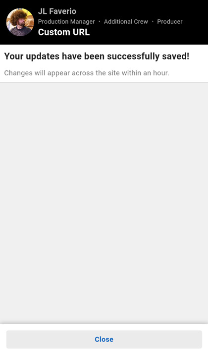 confirmation that my IMDb vanity URL was saved