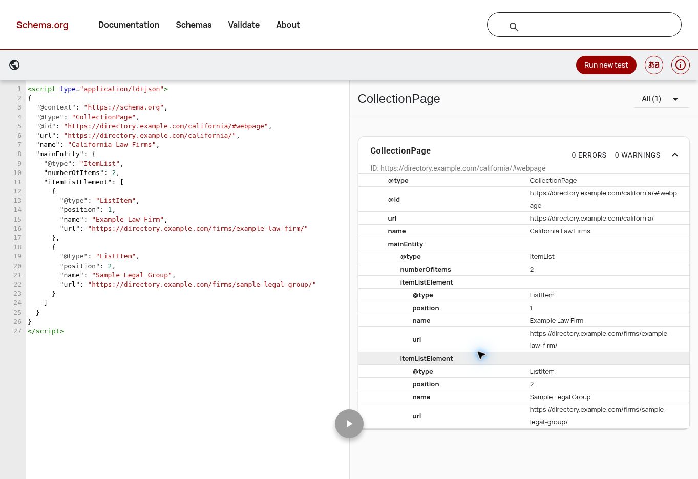 Schema Markup Validator showing the legal directory CollectionPage and ItemList example with zero errors and zero warnings