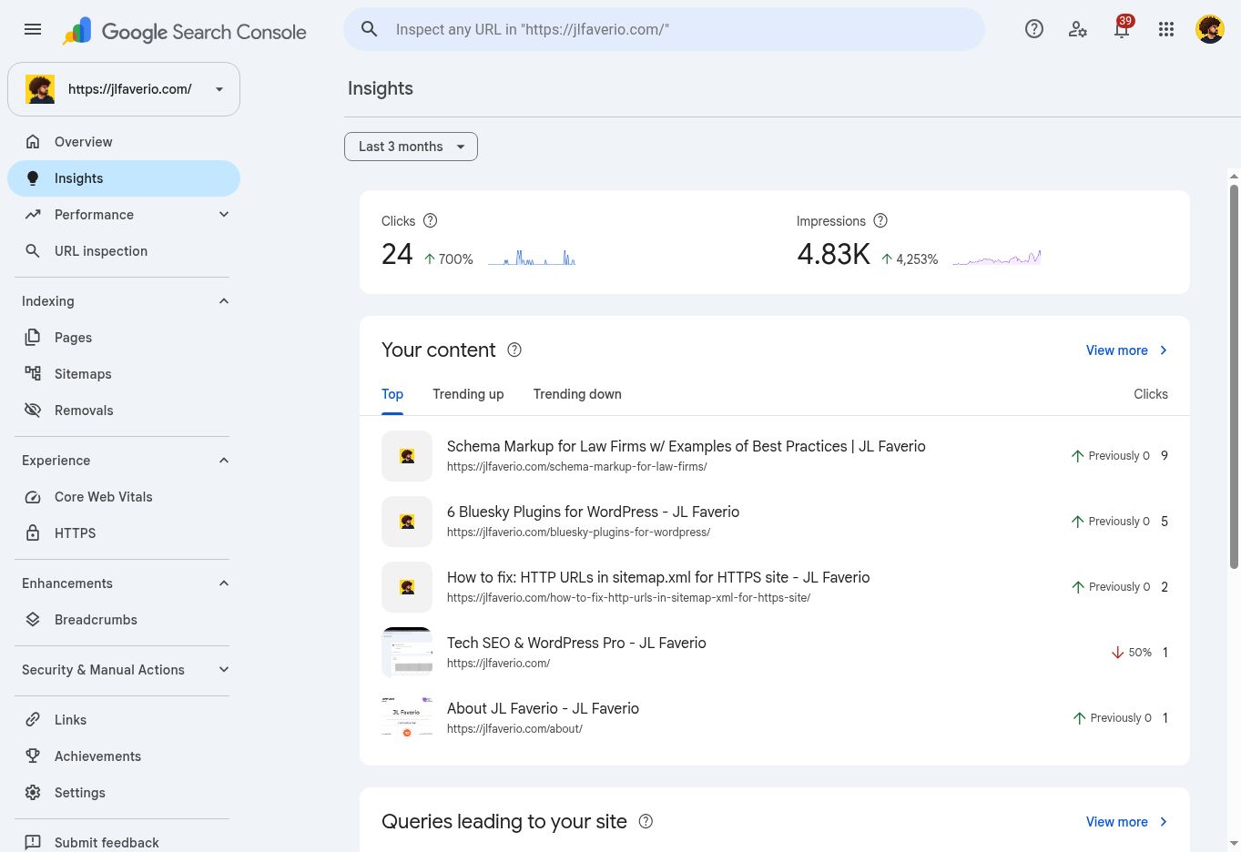 How to Use Google Search Console Insights for Content Planning 2 Search Console Insights showing three-month clicks, impressions and top content