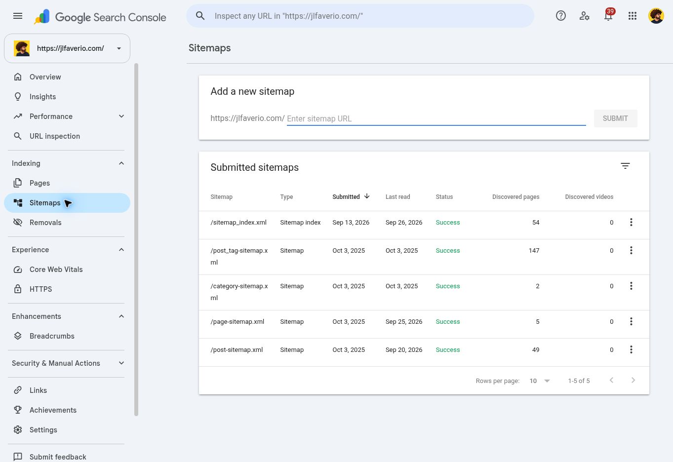 How to Submit a WordPress Sitemap to Google Search Console 2 Search Console Sitemaps report with Add a new sitemap field and submission statuses