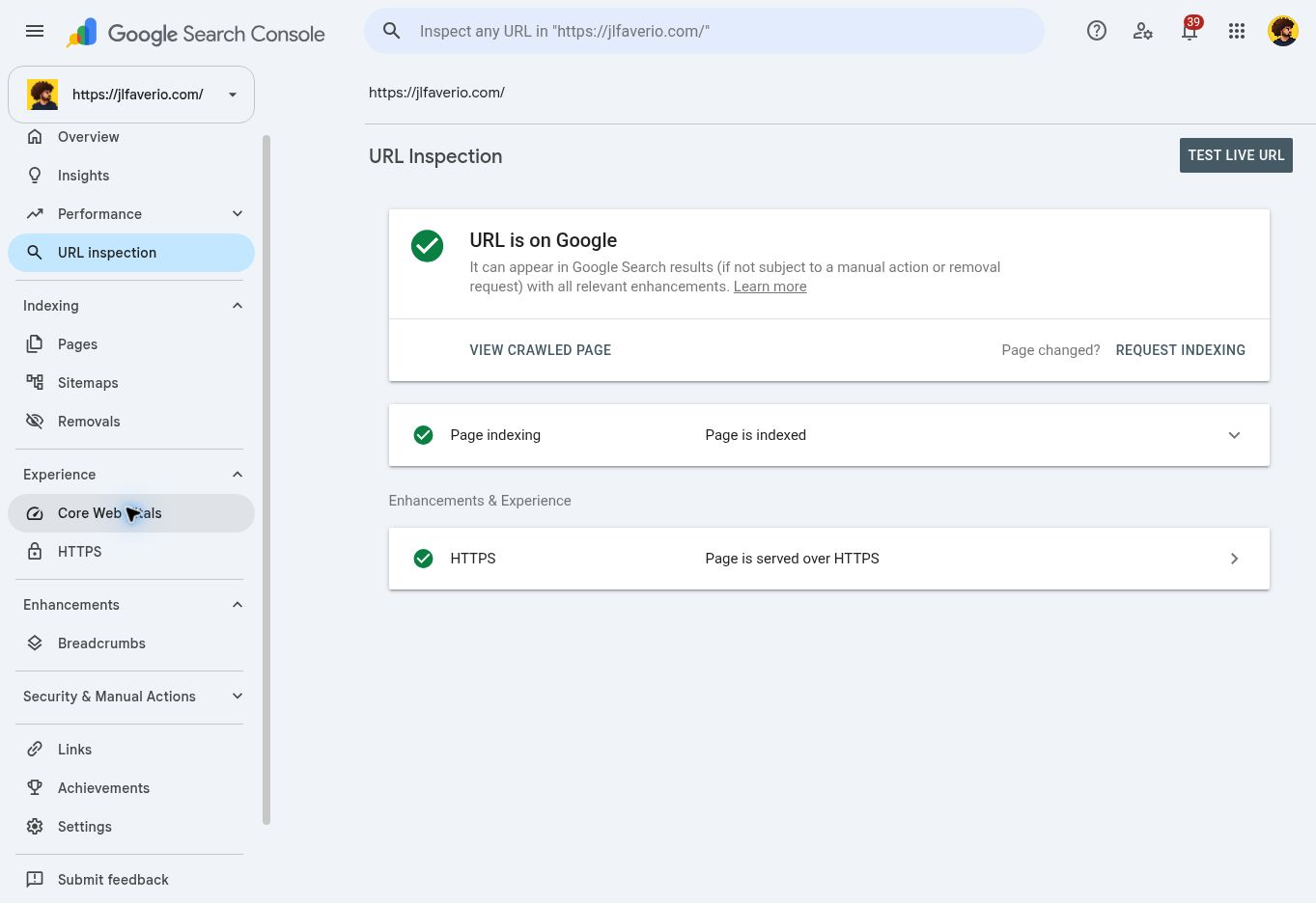 How to Use the URL Inspection Tool in Google Search Console 2 URL Inspection showing URL is on Google and Page is indexed for jlfaverio.com