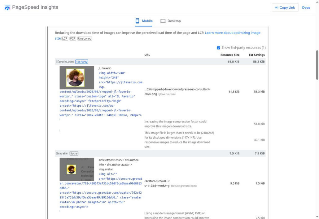 PageSpeed Insights identifying oversized logo and avatar images on jlfaverio.com post