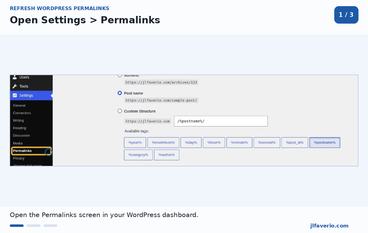 Animated guide to opening WordPress Permalinks, keeping the existing structure and saving changes