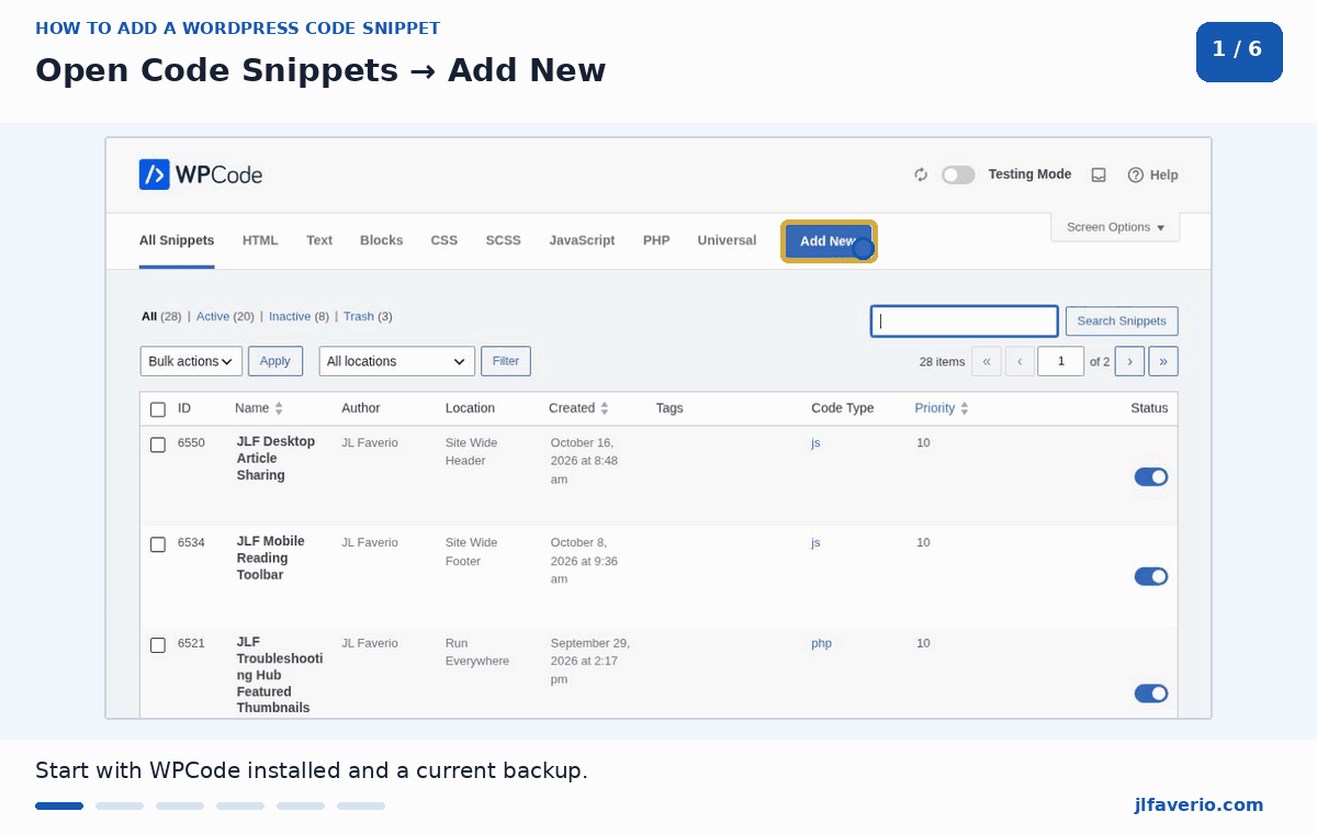 Animated walkthrough showing how to add a PHP snippet in WPCode, choose Run Everywhere, and save after testing.